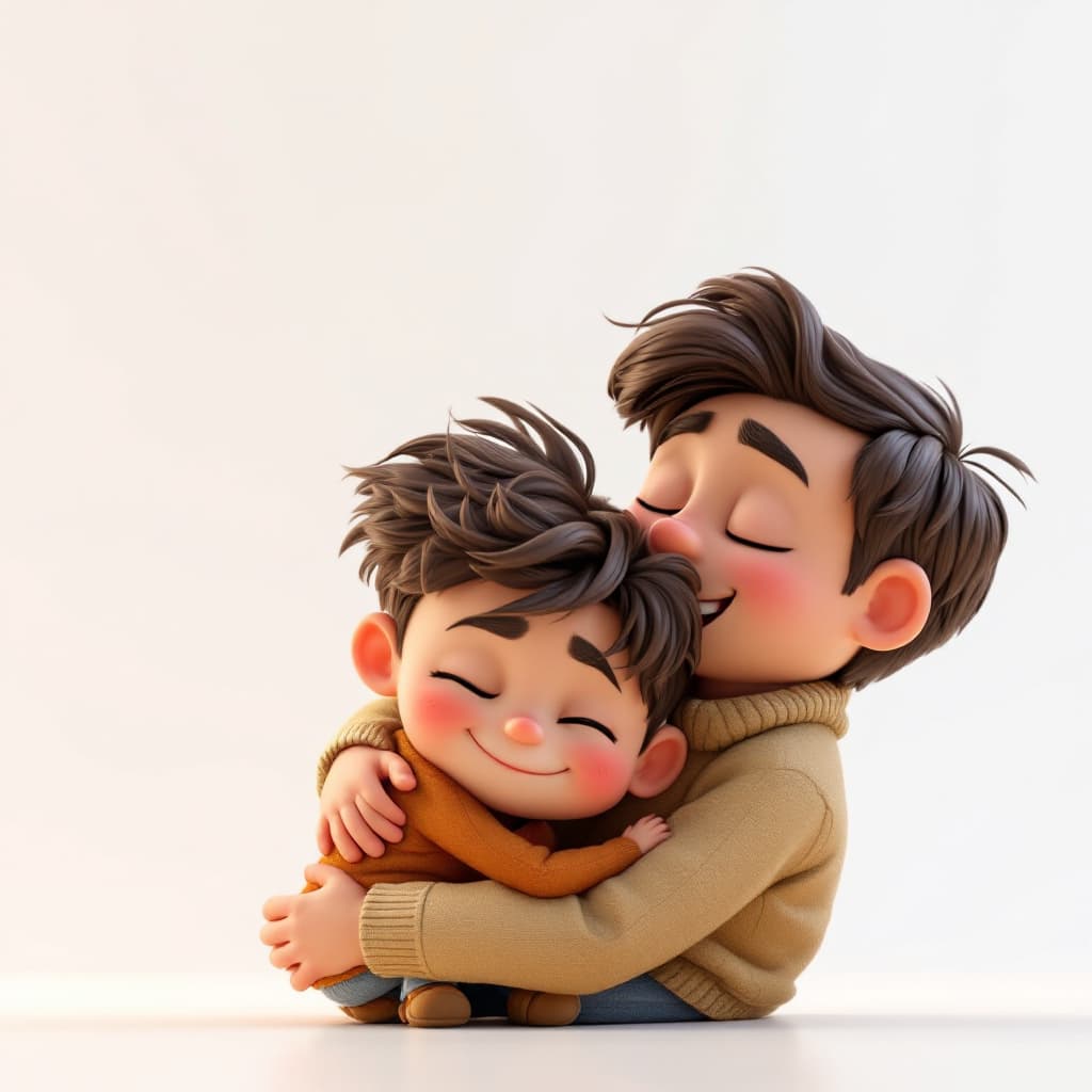 AI generated: 3D image of cute boy hugging his father in Pixar style --ar 1:2 --stylize 750