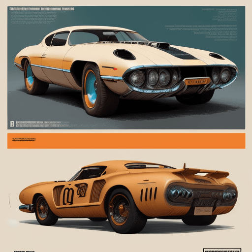 AI generated: highly detailed infographic of retrofuturism cars found in popular mechanics magazine | vintage | in...