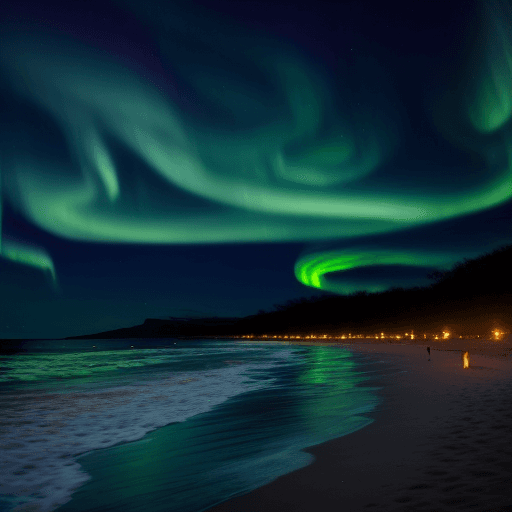 AI generated: beach at night with turtles going to enter the sea. northern lights on sky, full moon and a fair
