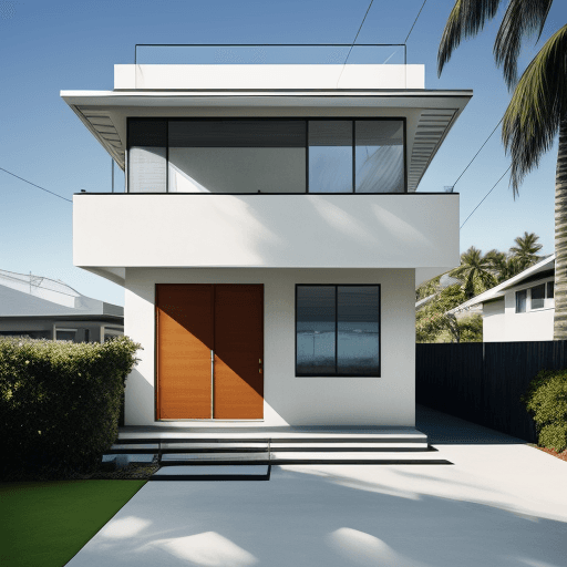 AI generated: Hyper realistic eye level exterior photo of a mid century modern style house overlooking the ocean, ...