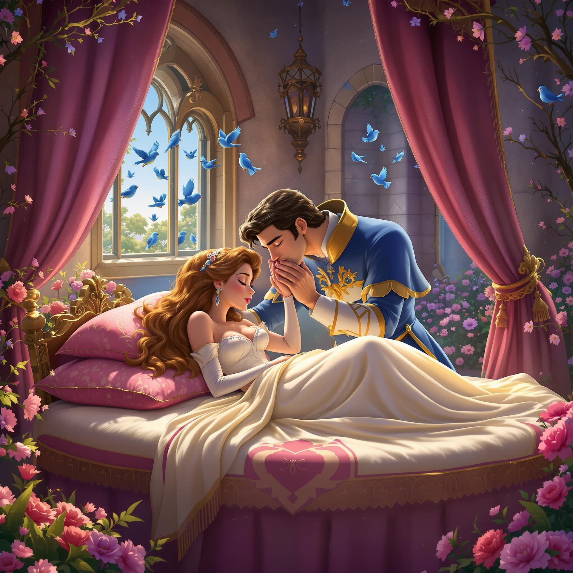 AI generated: Sleeping Beauty on a cushioned table being awakened by Prince Charming with a kiss.
The room is fill...
