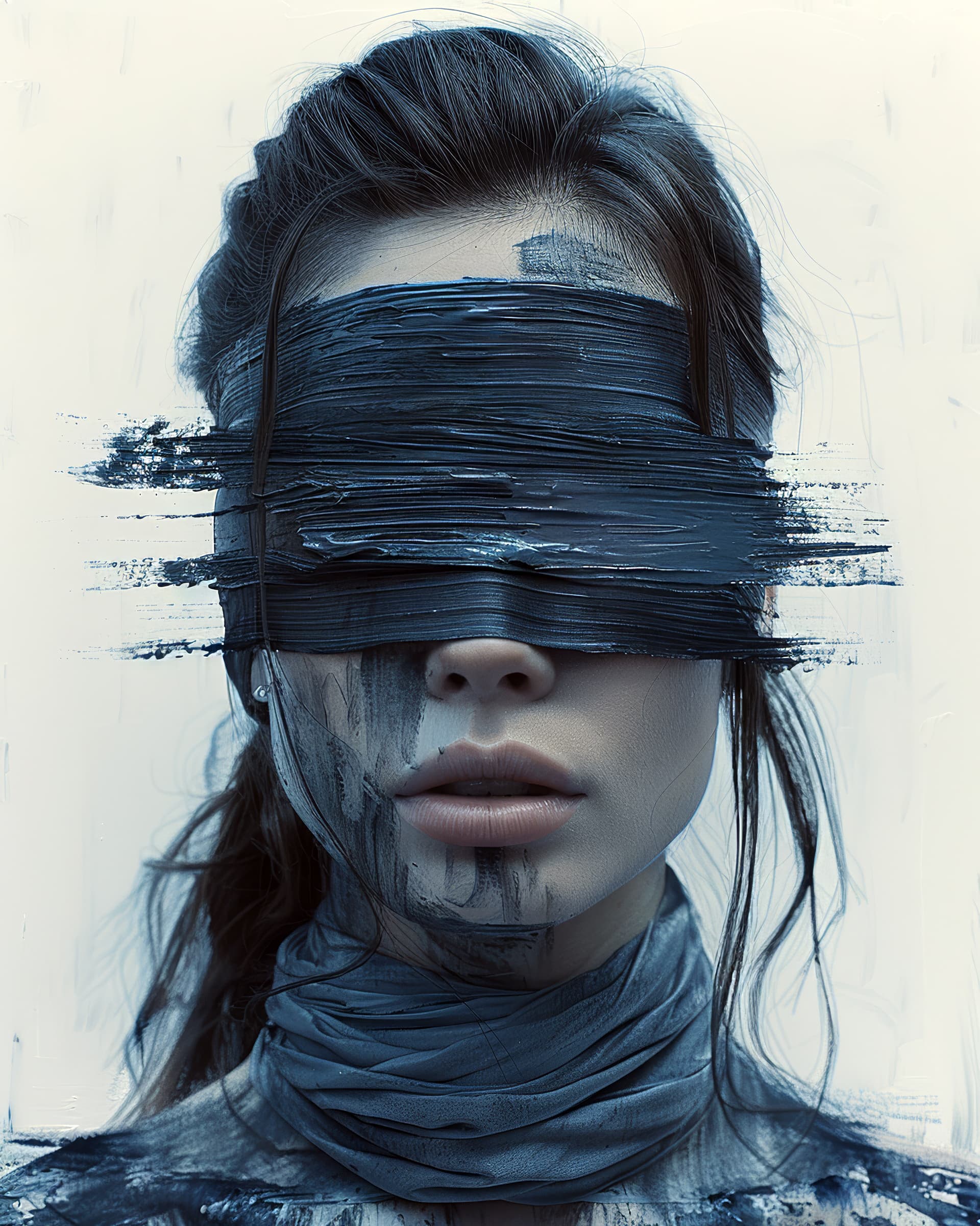 AI generated: a fine art cinematic photography portrait of a women, blindfolded with a brushstroke, face straight ...