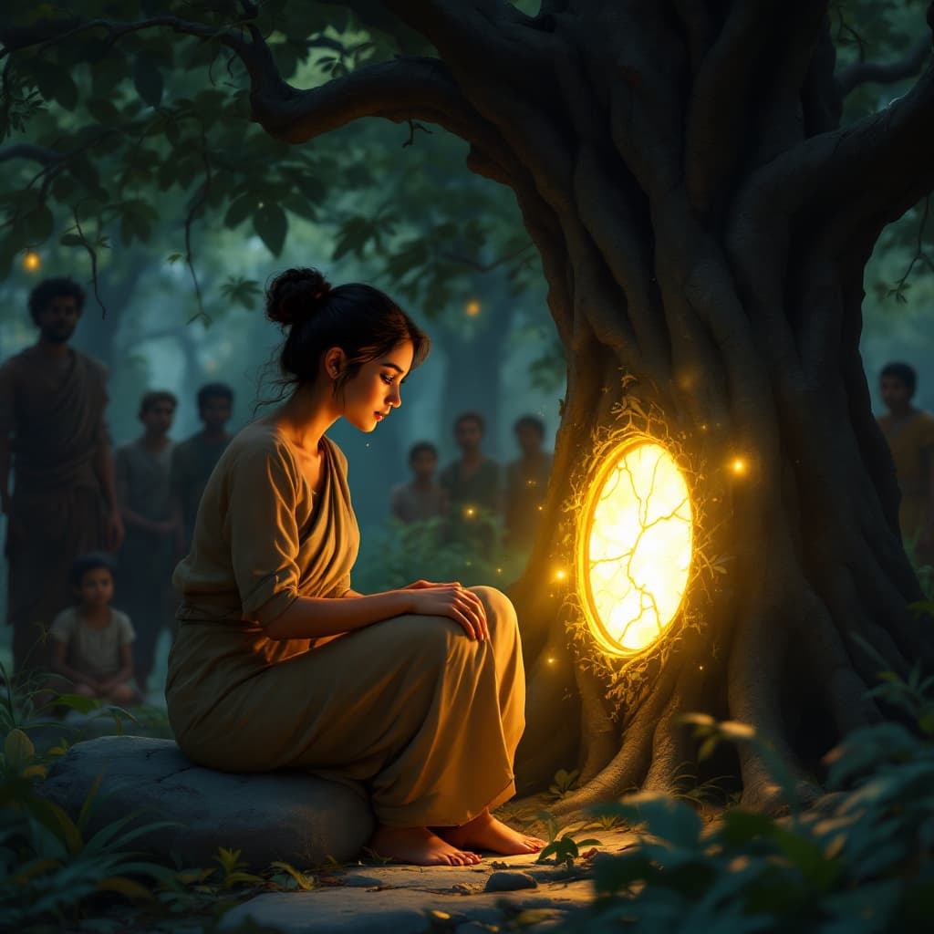 AI generated: The village bully sits on a stone near the banyan tree, head lowered, visibly shaken after seeing hi...