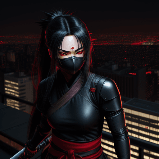 AI generated: Female shinobi, City Rooftop Shot, masked, visible long black hair, with katana, dark Suit with leat...