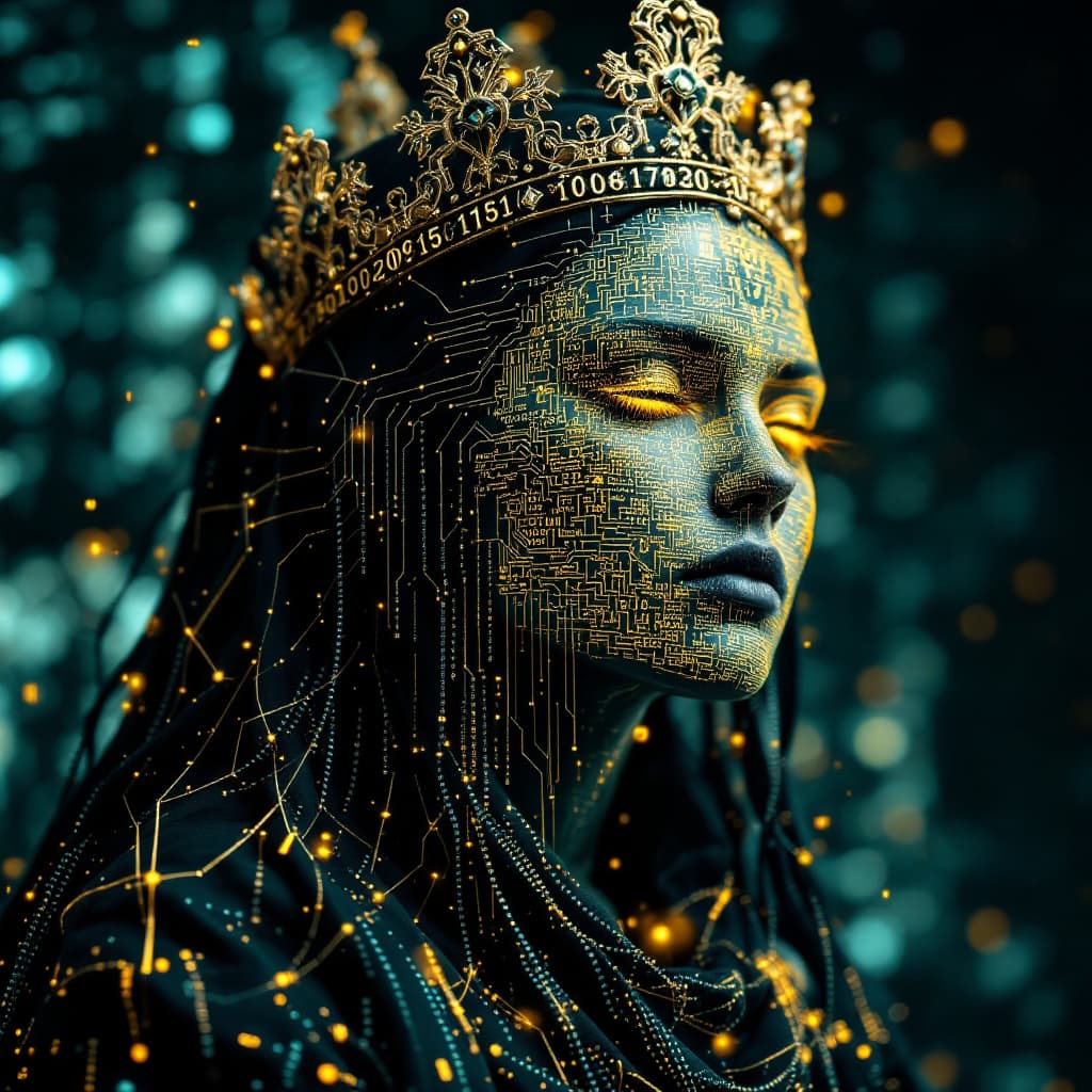 AI generated: A regal code sculptor, her form seemingly made of shifting lines and numbers and her clothing changi...