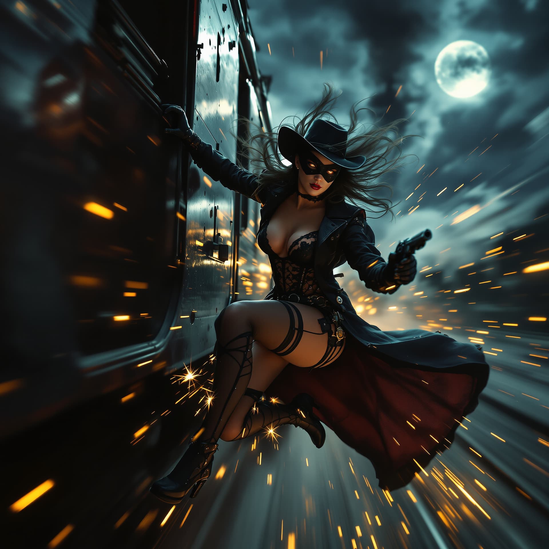 AI generated: A masked cowgirl clings to the side of a speeding steam train under moonlight, wind whipping her hai...
