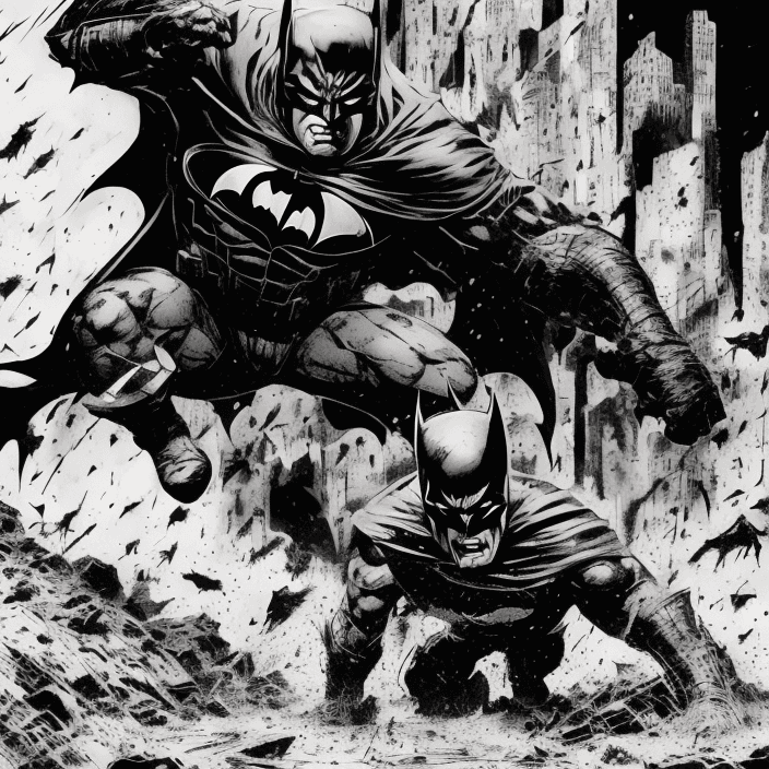 AI generated: Style of Frank Miller pen and ink, Dark Knight Returns style, Batman rising and emerging from the mu...