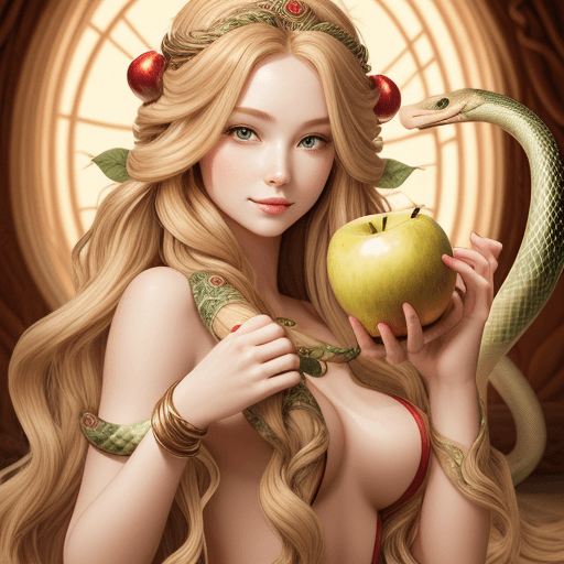 AI generated: Goddess long blond wavy hair holding an apple with a snake draped over her