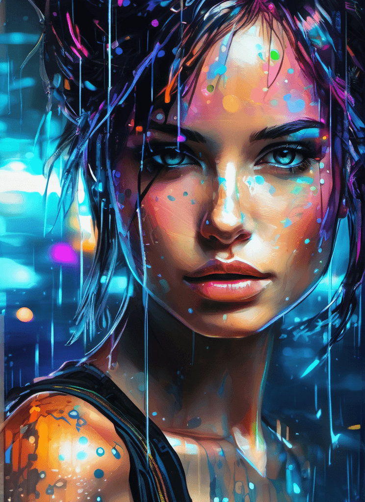 AI generated: portrait of a girl, glowing tattoos, hologram, freckles, blush, cyberpunk art style, cyberpunk surro...