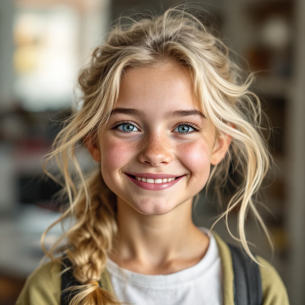 AI generated: realistic 13-year-old girl smiling, blonde hair, light blue eyes