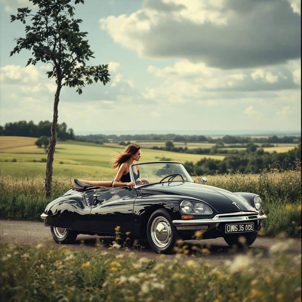 AI generated: gorgeous lady driving ,the Citroën DS 19 black Convertible, in the countryside, 