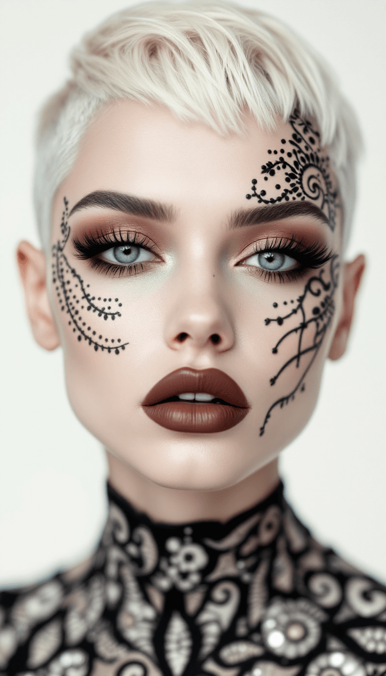 AI generated: a beautiful albino model with an avant-garde haircut, she is looking into the camera, henna pattern ...