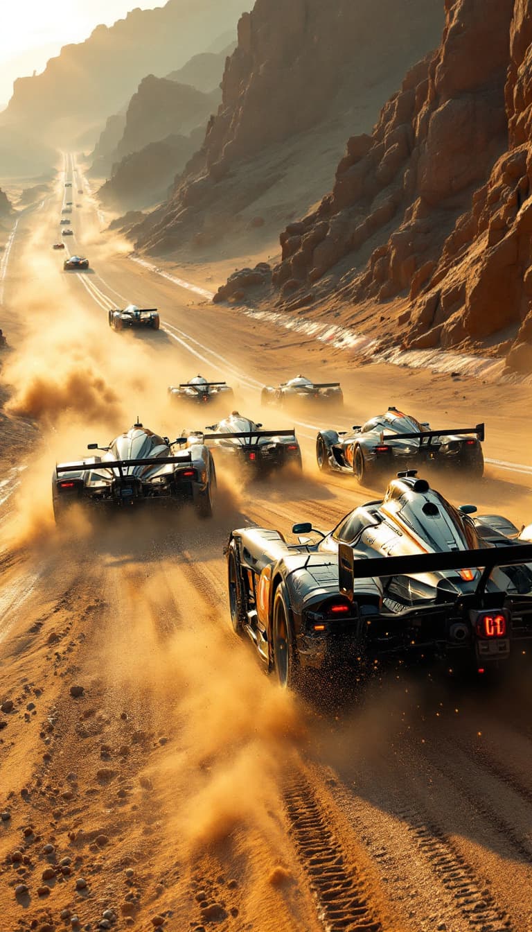 AI generated: Summer. 5 racing cars begin to move along the race track, overtaking each other. Sand and tire smoke...