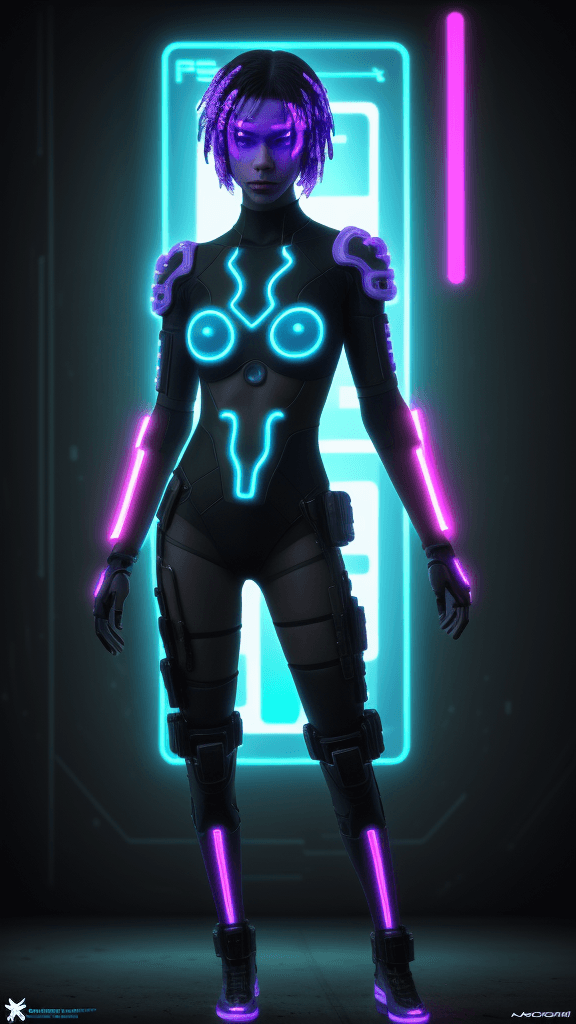 AI generated: blacklightfractalneonholofluid cyberpunk character