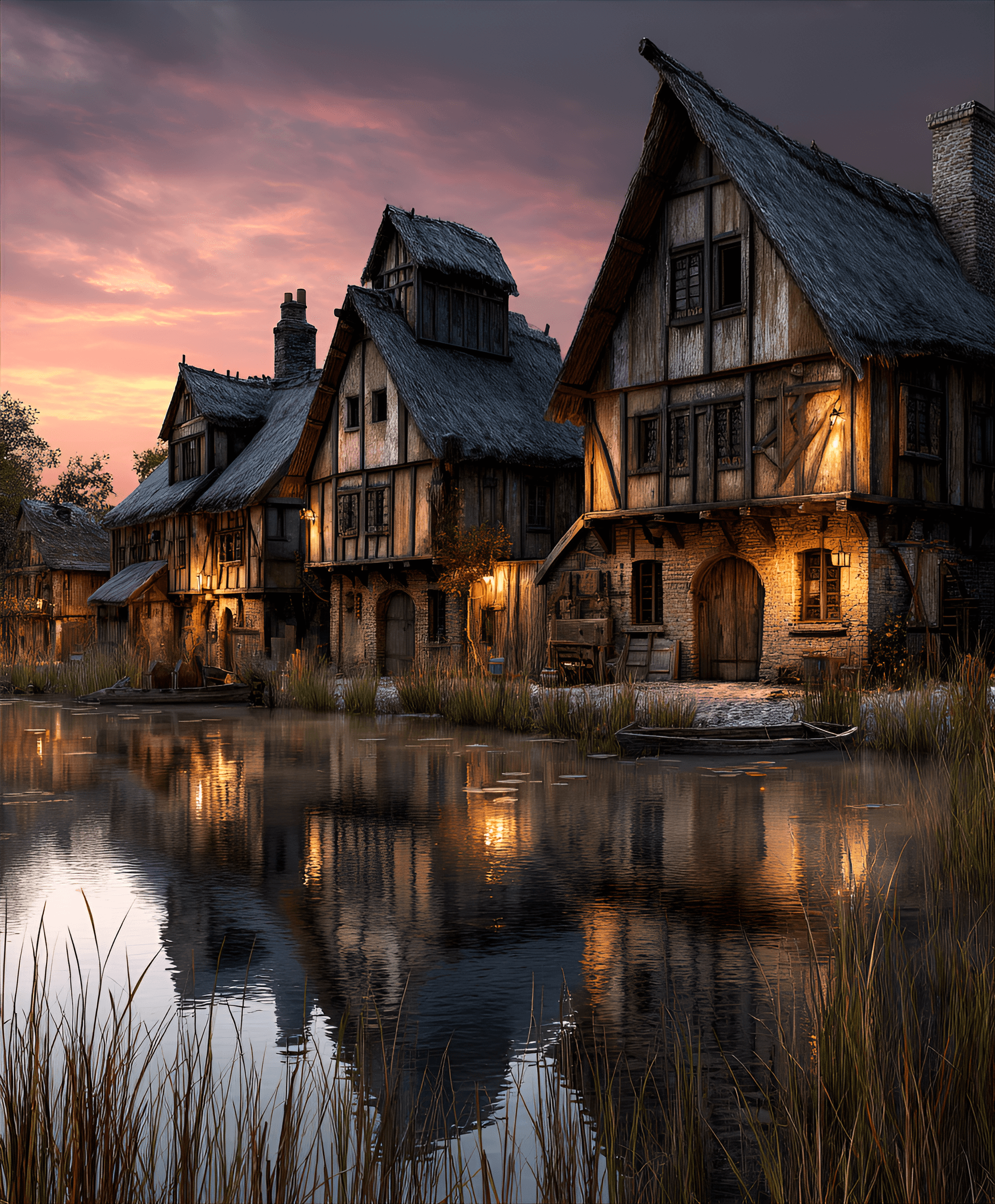AI generated: Medieval serf cottages, timberframed, strawthatched roofs, clustered around a communal pond, rustic,...