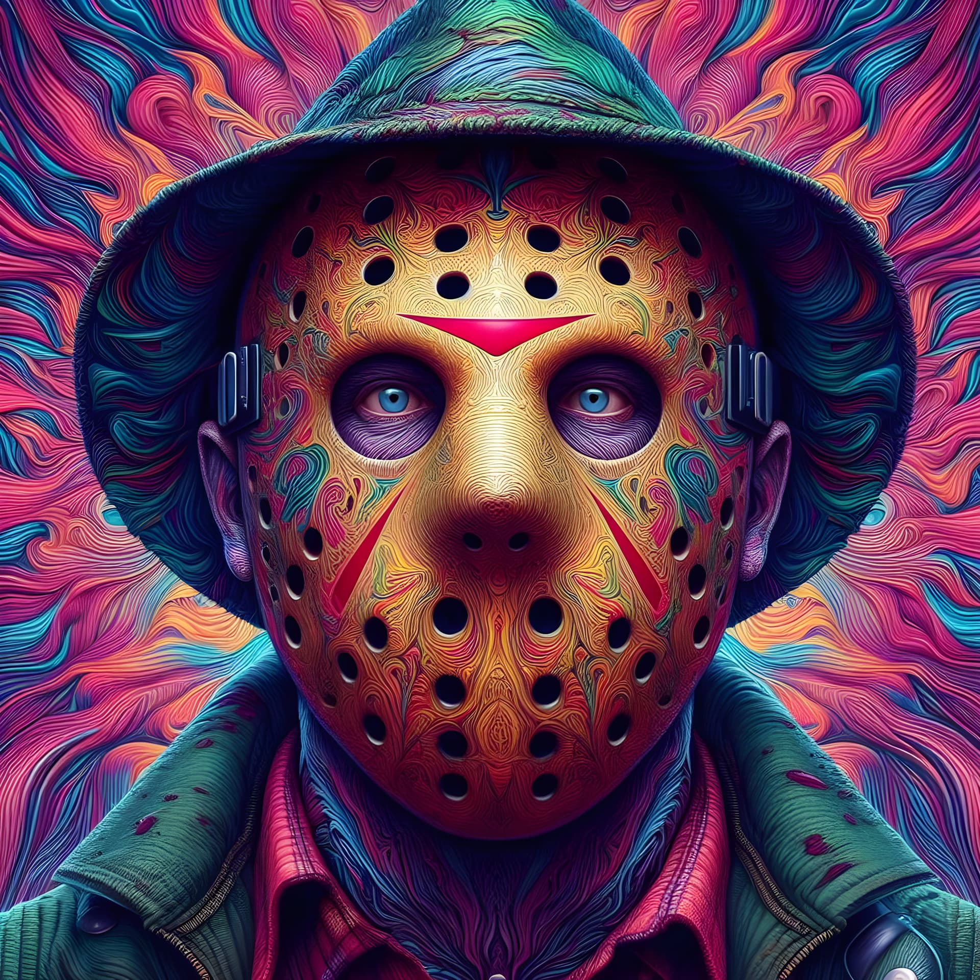 AI generated: Hyper-realistic digital portrait of the infamous masked Jason Voorhees, rendered with Dan Hipp's tra...