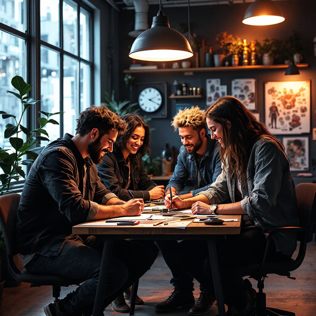 AI generated: crea una imagen  de 4 personas, 3 hombre y 1 mujer en las cual esten reunidos compatiendo y sonriend...