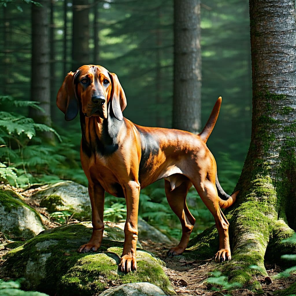 AI generated: A photorealistic depiction of a Bavarian Mountain Hound standing in a dense forest, its sleek reddis...