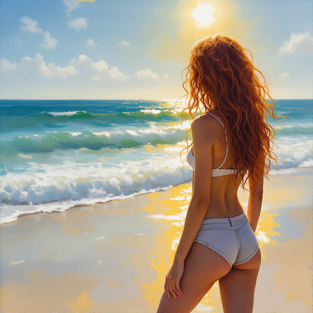 AI generated: an oil painting, sun casting gleams across the water of an eastern Australian beach a young redhead ...