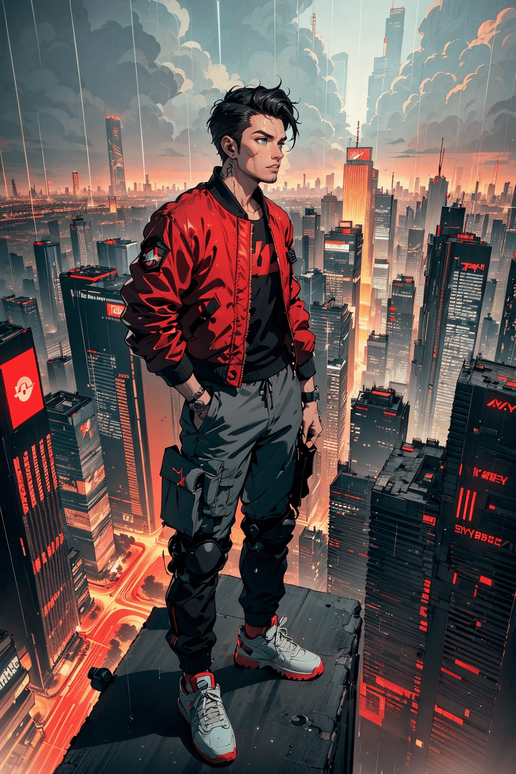 AI generated: 1boy,blue eyes, building, city, cityscape, (cyberpunk,cybernetics:1.3), earpiece, dynamic angle, mul...