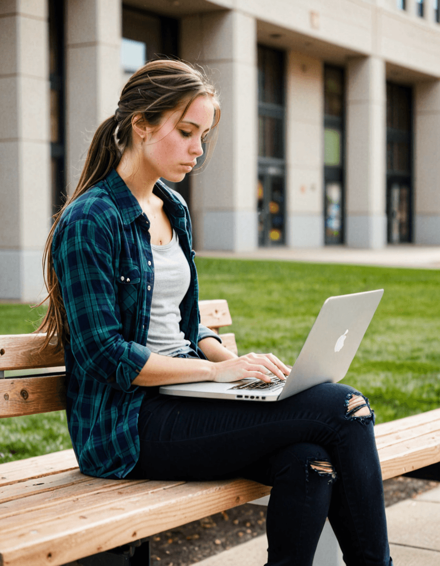 AI generated: iphone photo college woman, sitting on a wooden bench outside, college campus, sun reflecting in bui...