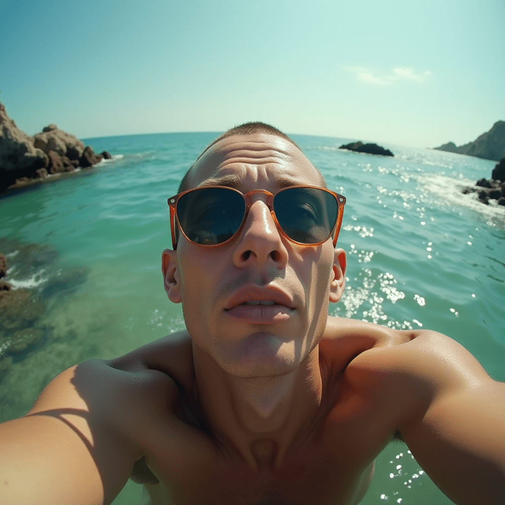 AI generated: action photography, rocky terrain, calm sea, clear sky, daylight, low angle, close-up, shallow depth...