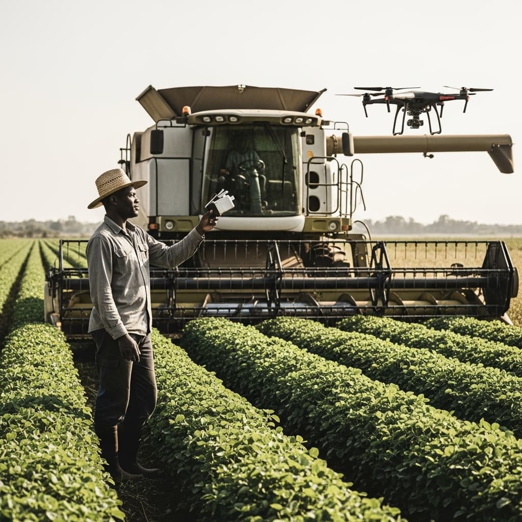 AI generated: African farmer working in his farm with modern  equipment in high quality image