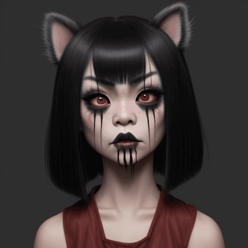 AI generated: Asian Gothic girl with bobbed hair dressed as a dog, makeup smeared and looks furious as someone pat...
