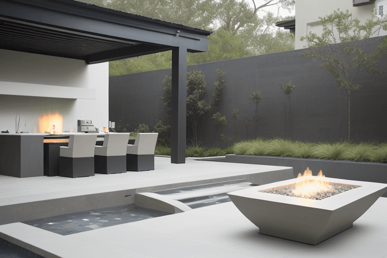 AI generated: high resolution photography, landscape design, island colors,  textiles, tile flooring, outdoor furn...
