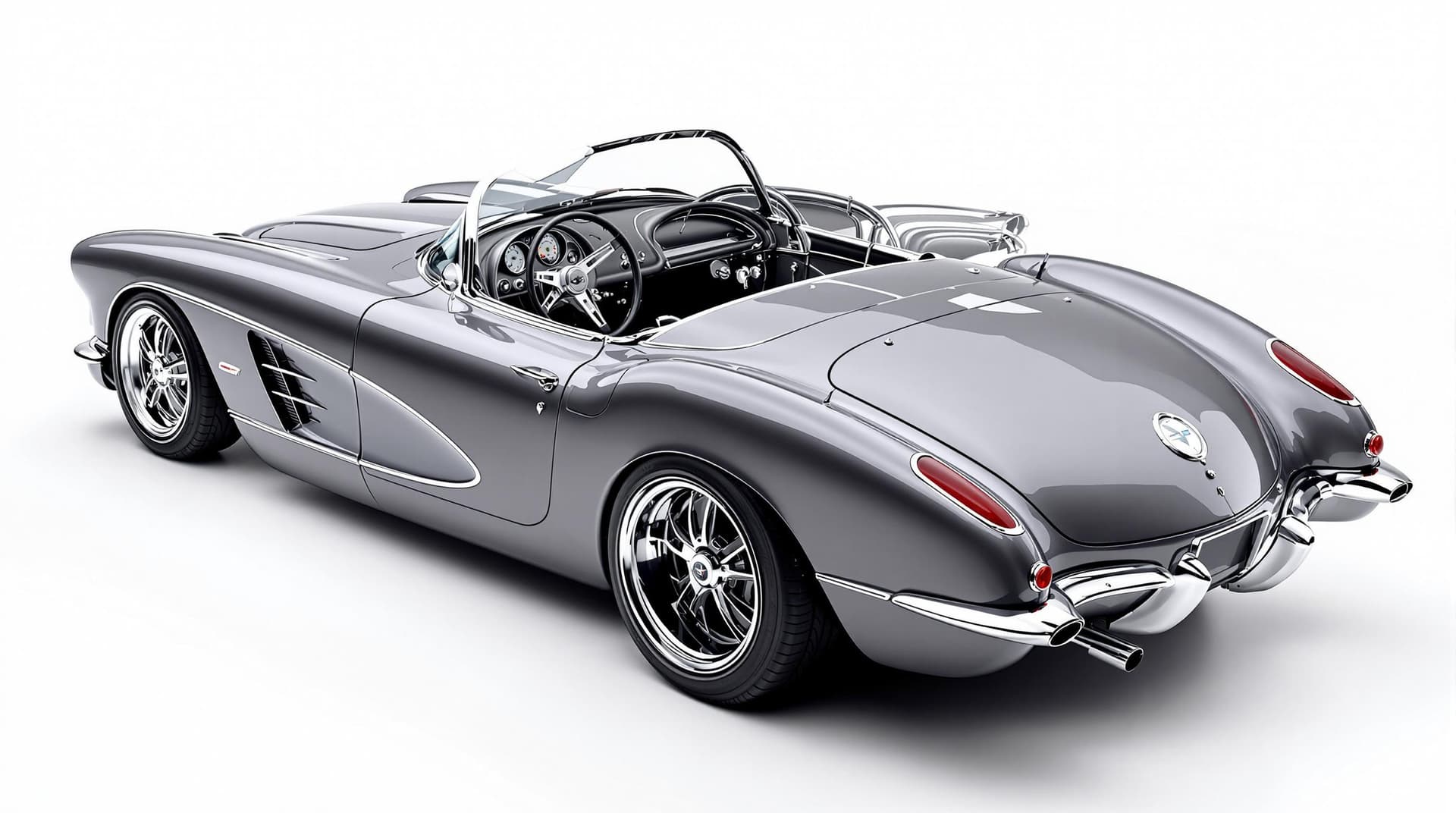 AI generated: Hyper realistic 1959 chevy corvette convertible, rear side top view, gray color, restomod with no ch...