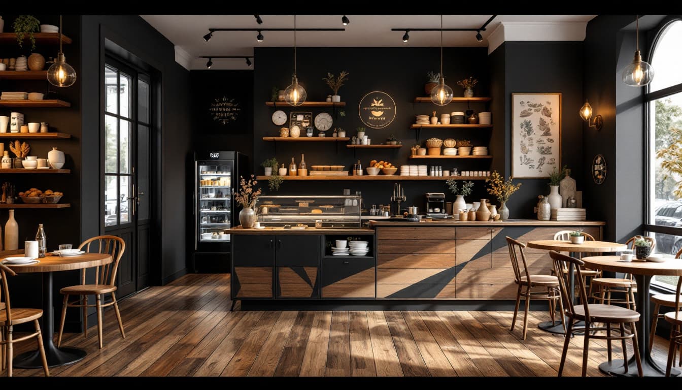 AI generated: High resolution interior design photography, artisan bakery, wooden floor, black and gold color pale...