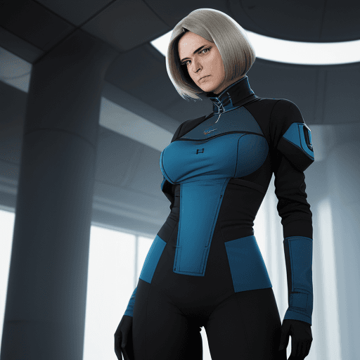 AI generated: sci-fi, frau, 1,68m, schlank, 58kg, dunkel-blau hüftlanges Haar,  
weiß alles besser und kommt somit...