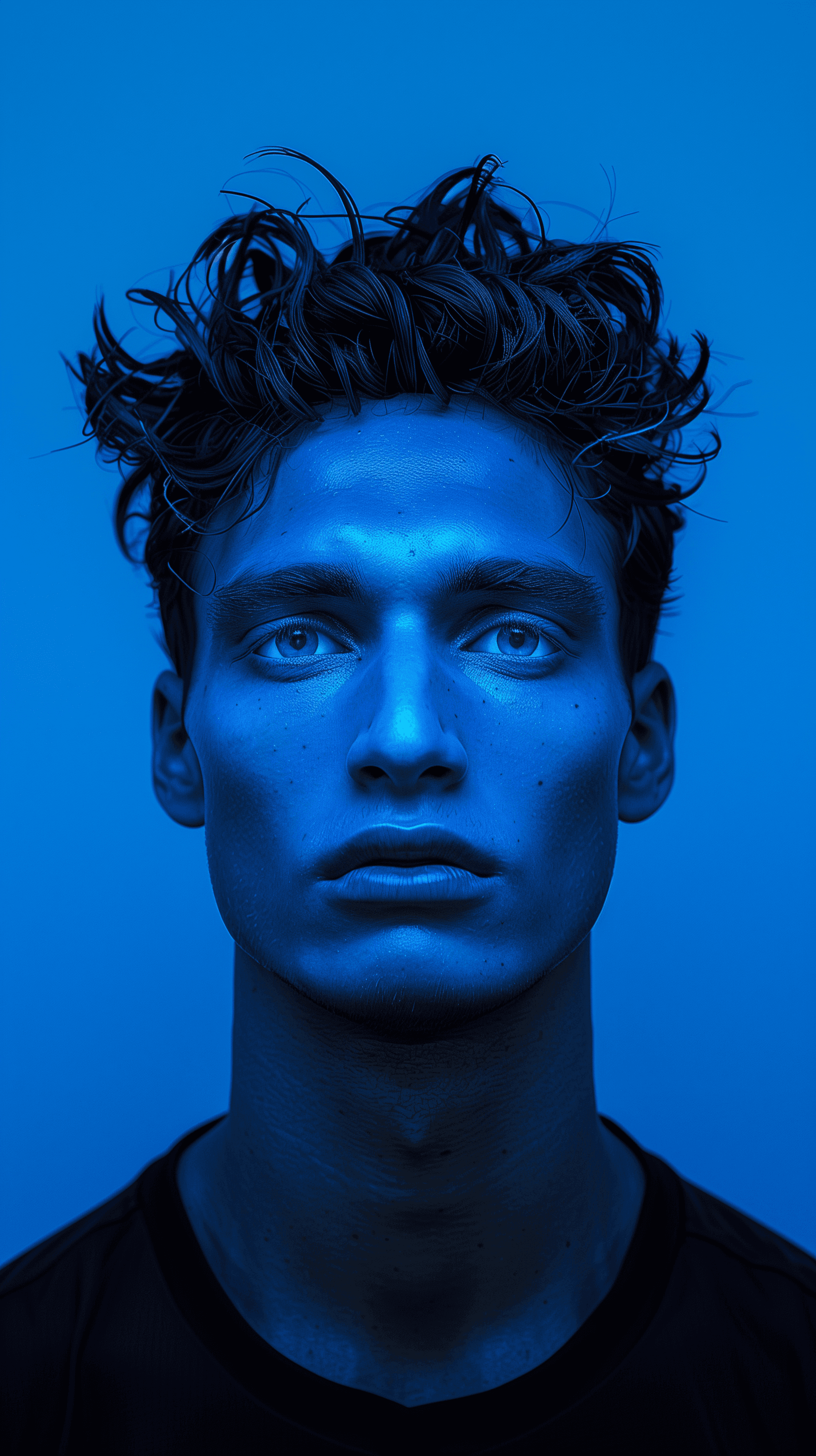 AI generated: photography, blue hue, man model, solid blue backdrop, empty eyes detailing, using a camera setup th...