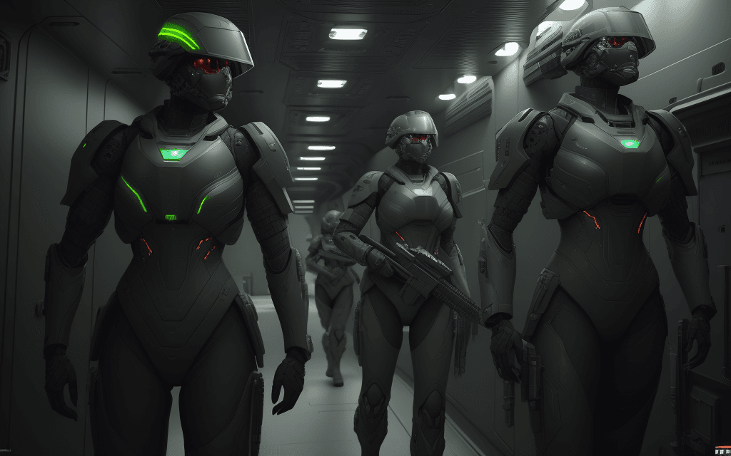 AI generated: Futuristic Soldiers with advanced armor lined up through the ship's hatch, guns blazing, weaponry, a...