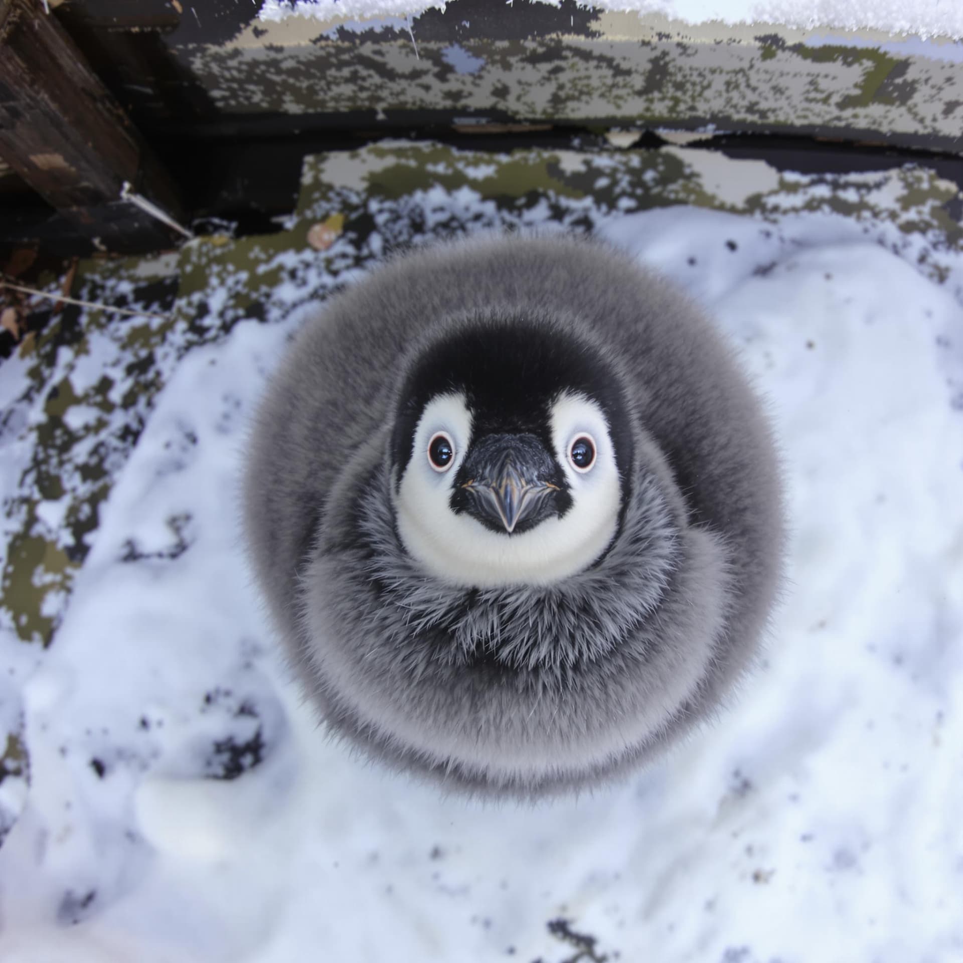 AI generated: An adorable baby emperor penguin with a round, fluffy body covered in thick dark gray feathers. Its ...