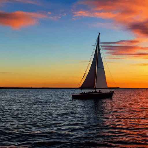 AI generated: 
a sailboat floating at sunset, its sail is a Union Jack

