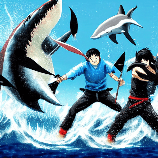 AI generated: manga, group of fighters, tsunami, shark