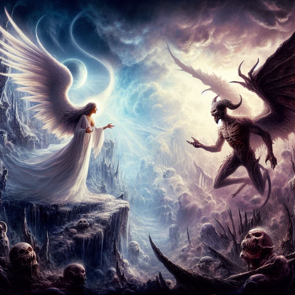 AI generated: conflict scenes between an angel and a demon,in a fantasy world,very inspired by H.R.Giger and Guill...