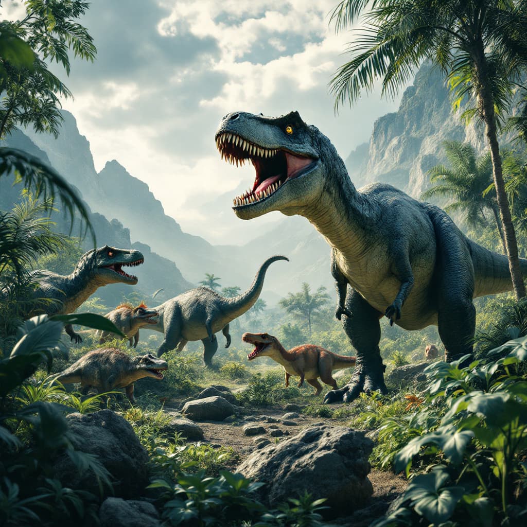 AI generated: Dinosaurs in a lush prehistoric habitat, with a T-Rex dominating the scene and several herbivores in...
