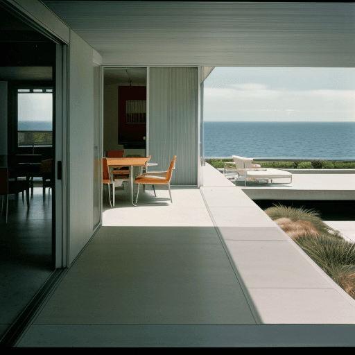 AI generated: Hyper realistic eye level exterior photo of a mid century modern style house overlooking the ocean, ...