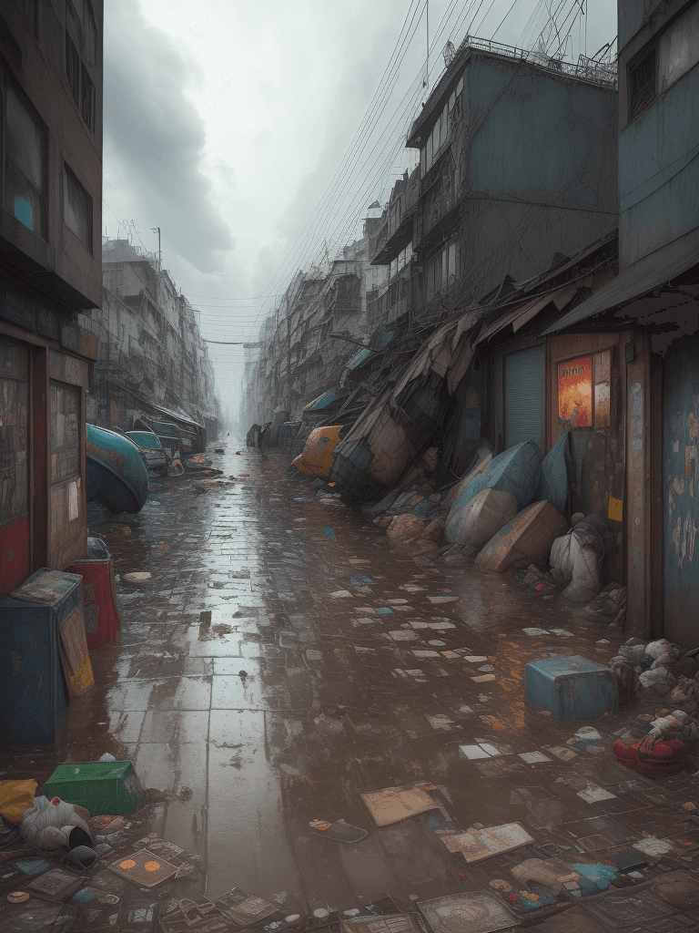 AI generated: A heavy storm and flooding of a slum corner,iconic album covers,
rain,typhon,
litter,intricate detai...