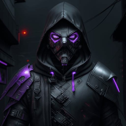 AI generated: cyberpunk, masked man, dark   torn hood, Purple accents, facing right, dark rainy foggy night, intri...
