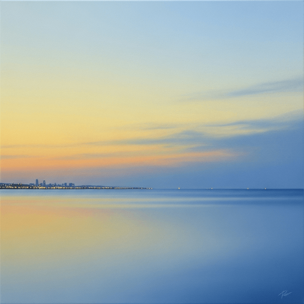 AI generated: 
A minimalist landscape oil painting of a wide, calm seascape at dusk. The sky is softly blended wi...