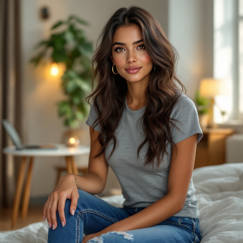 AI generated: A stunningly realistic Latina woman, 25 years old, with warm caramel skin, soft wavy brown hair, and...