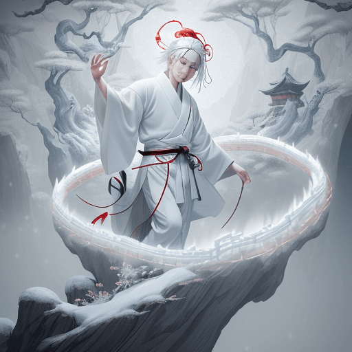 AI generated: a Chinese boy with white hair living in a cave, a celestial being, wears white Daofu, has a headband...