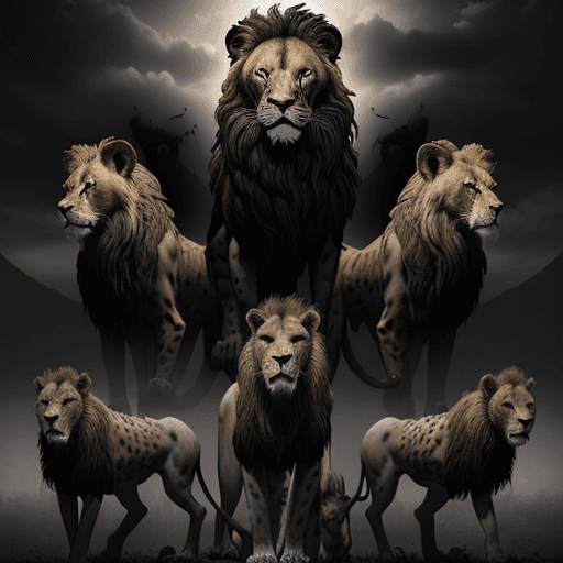 AI generated: Create an image featuring a skinny and weakened lion at the center, surrounded by a group of menacin...