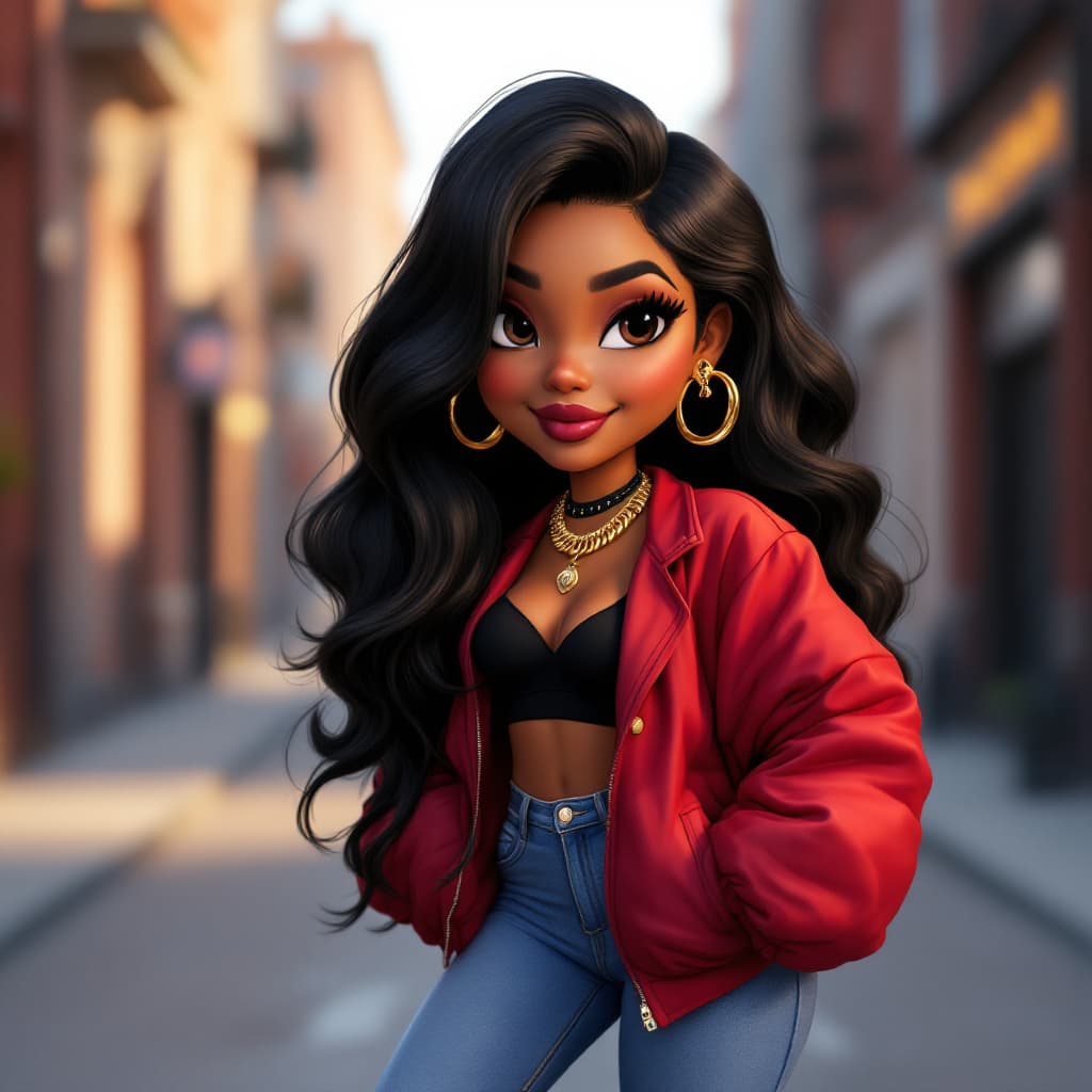 AI generated: create in the style of 3D Disney Pixar like African American curvy chibi with loving and cheerful ex...