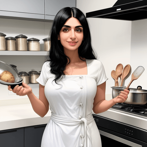 AI generated: "A 30-year-old arab woman with black hair, standing confidently in a modern kitchen. She is wearing ...