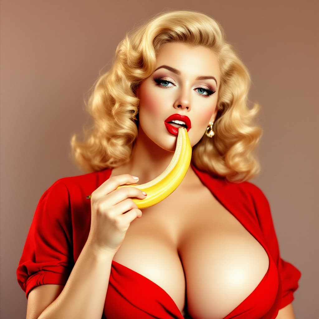 AI generated: Portrait of woman, Bright background, 1940s style, wearing red, low cut dress humongous breasts, mas...
