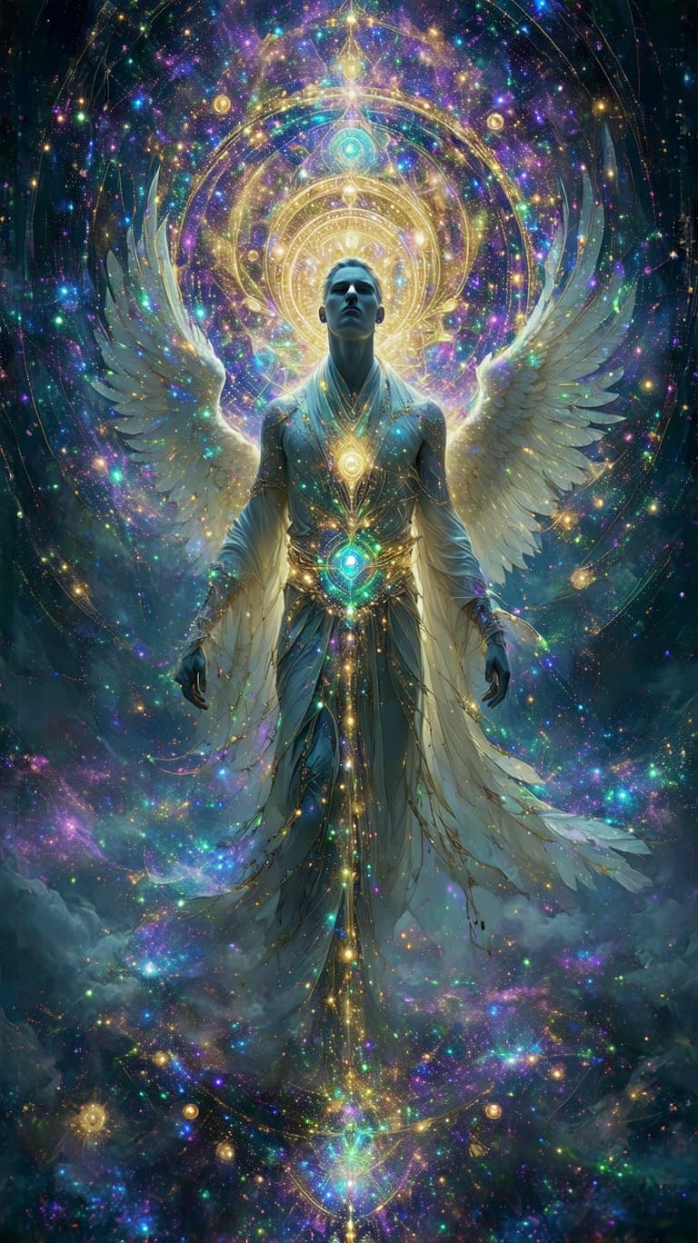 AI generated: A luminous, divine figure floats at the center of an infinite cosmic mandala, their form seamlessly ...